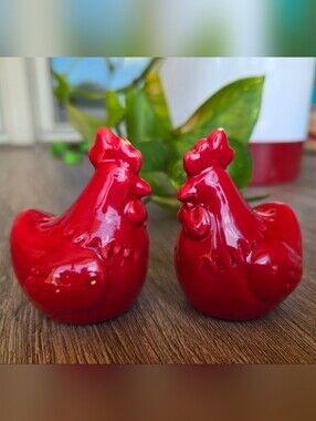 Glossy Red Ceramic Hen Salt & Pepper Shakers